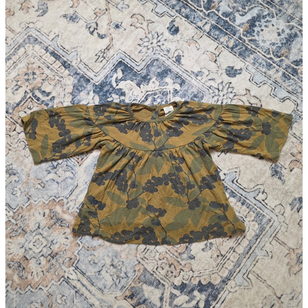 Kate Quinn 2T Bell Sleeve Gathered Olive Green Navy Floral Blueberry Print Tunic